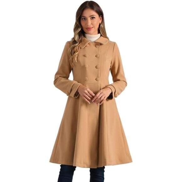 Women's Winter Coat Overcoat Lapel Collar Long Swing A Line Khaki - Picture 1 of 5
